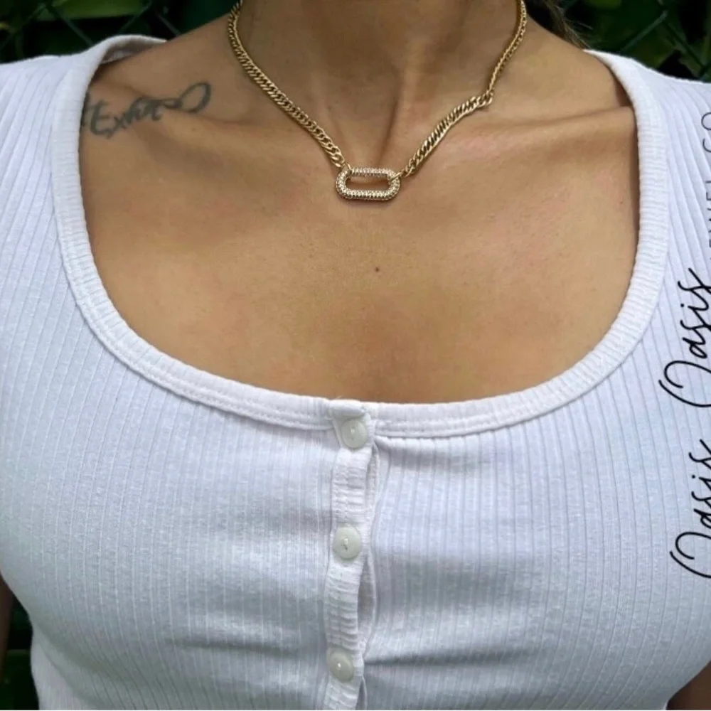 Unisex Gold (White & Green Crystal Stone) Link Chain Necklace - Picture 2 of 6
